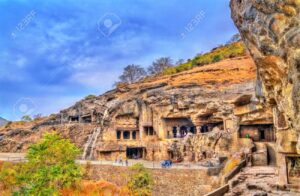 View of Buddhist monuments at Ellora Caves. A UNESCO world heritage site in Maharashtra, India.